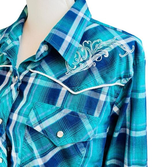 CUMBERLAND Green Blue Country Western Shirt 1X‎ Pearl Snap Long Sleeve Riding - Picture 7 of 14